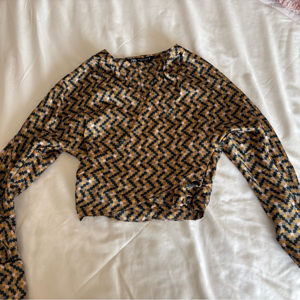 Zara Brown and Cream Graphic Crop Blouse